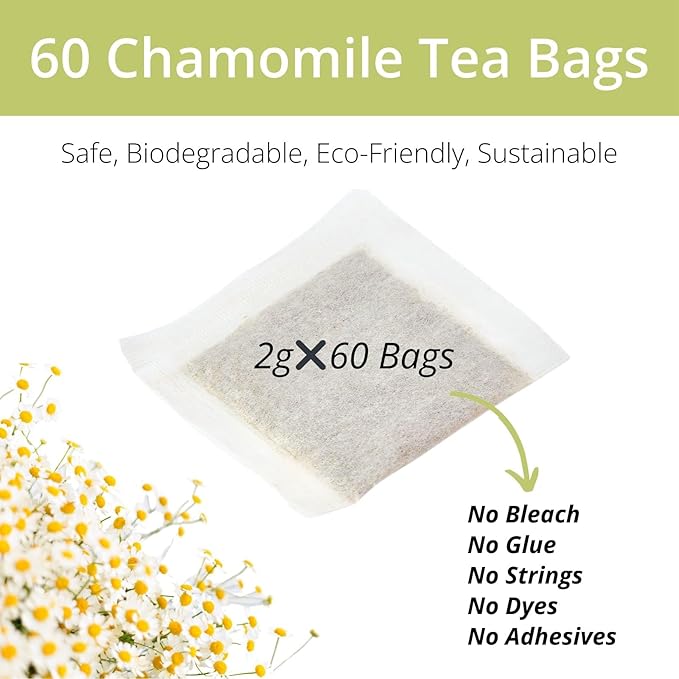 60 Chamomile Tea Bags, VitalForest Chamomile Flowers Tea, Natural Pure Camomile Tea, Caffeine Free Camomille Herbal, Help Reduce Stress And Sleep Better, Non-GMO