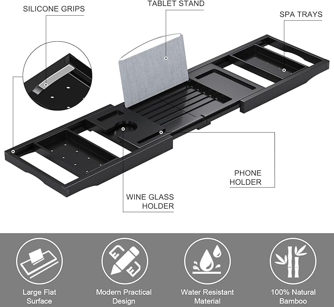 Bathtub Tray Caddy, Expandable Bath Trays for Tub, Bamboo Shelf & Table with Wine Glass Holder,Bathroom Accessories for New Home & Mothers Day & Birthday Gifts for Mom,Black