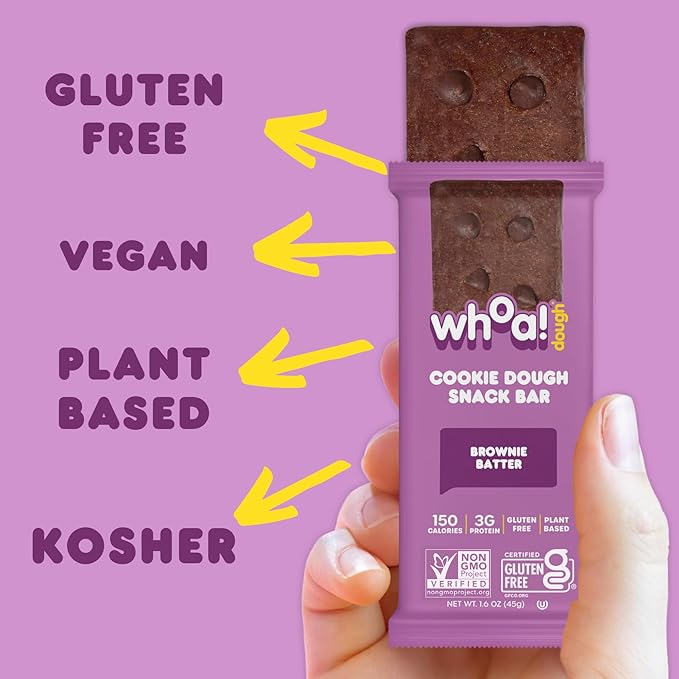 Whoa Dough Edible Cookie Dough Bars- Certified Non-GMO, Kosher and Gluten Free Bars - Healthy Snack Foods - Plant Based Snacks Made With Real Ingredients - Brownie Batter Cookie Dough - 10 Pack