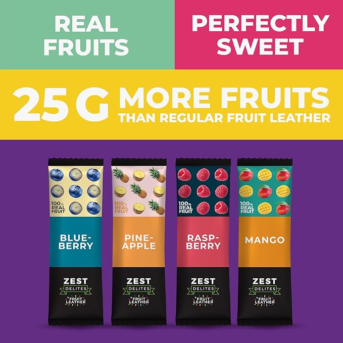 Fruit Snacks by Zest Delites, Fruit Leather Bars, Healthy Snacks for Adults & Kids, Vegan, Dried Apple-Based Pineapple, Mango, Blueberry, Raspberry Strips 0.88 oz x 36