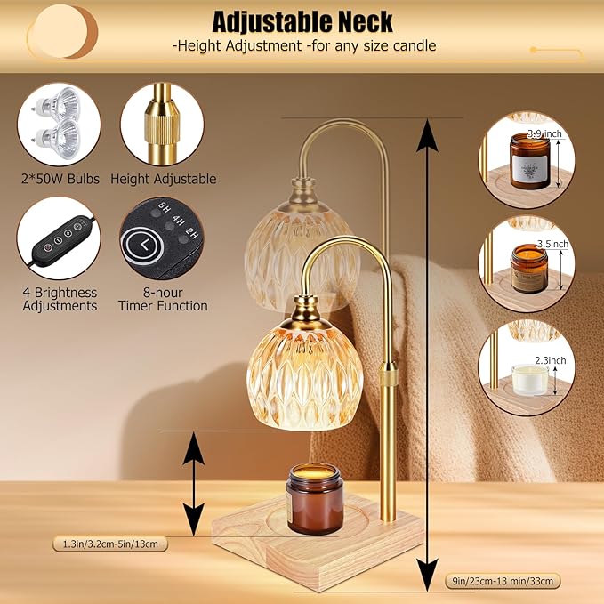 Candle Warmer Lamp, Dimmable Electric Wax Melt Warmer with Timer for Yankee Candle Large Jar Candle, Adjustable Height Candle Warmer Mother's Day Gifts for Mom Home Decor House Warming Gifts New Home