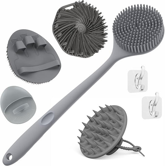 Manmihealth Silicone Back Scrubber & Soft Bath Glove, Silicone Scalp Massager Set 5 PCS, Super-Exfoliating Body Scrubber Shower Brush & Shampoo Brush Combination, with 2 Free Hooks (Style 1 Gray)