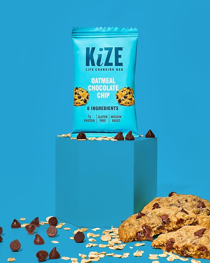 KiZE Energy Bars - Oatmeal Chocolate Chip - 30-Count - Gluten Free, Dairy Free, Non-GMO, and High Protein Meal Replacement Energy Bars, Clean and Simple Food Ingredients - 7g High Protein Snacks (30 Count)