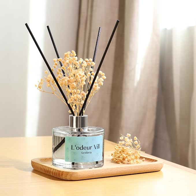 L'odeur Vill Reed Diffuser Set, 6.7 oz(200ml) Gardenia Scented Diffuser with 6 Oil Diffuser Sticks, Home Fragrance Essential Oil Reed Diffuser for Home Large Rooms Bathroom Shelf Decor