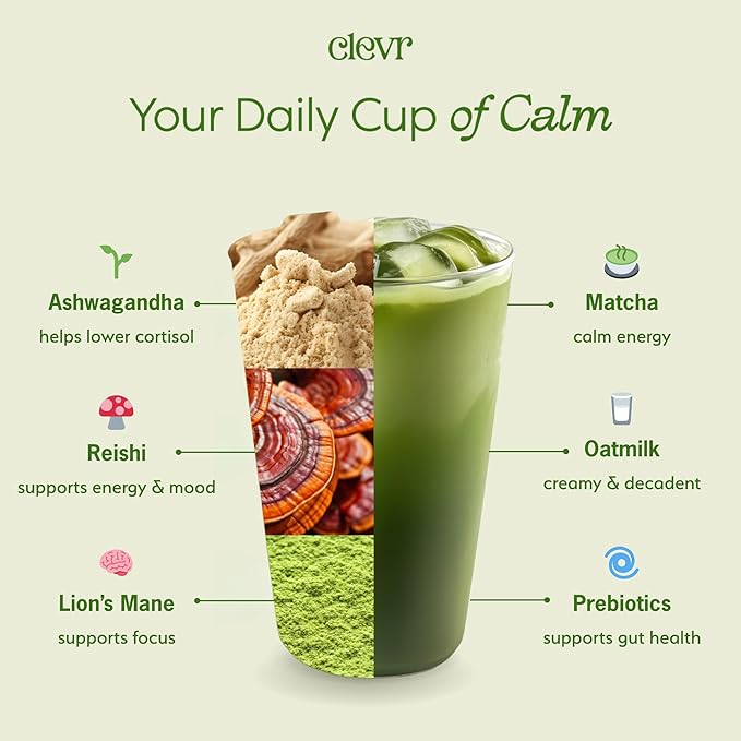 Clevr Blends Organic Honey Lavender Matcha SuperLatte, Instant Ceremonial Grade, Superfood Powder Blend, Oat Milk, Lion Mane, Reishi Mushroom, Coconut Cream, Ashwagandha, Serve Hot or Iced (14 Lattes)
