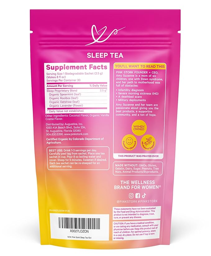 Pink Stork Organic Sleep Tea - Melatonin-Free - Calming Lavender Coconut Herbal Tea to Naturally Support Sleep - Pregnancy Friendly Bedtime Tea, Caffeine-Free - 15 Sachets, Hot or Iced