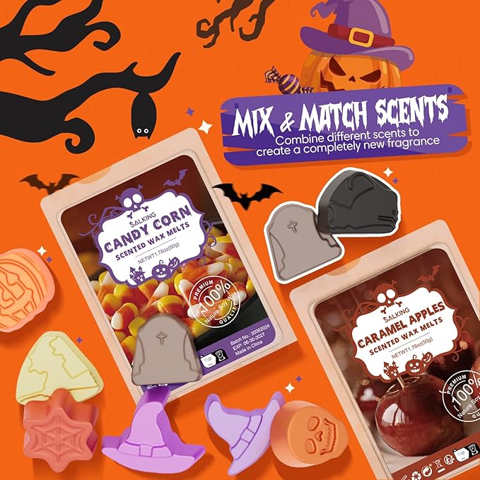 SALKING Halloween Scented Wax Melts, Fall Soy Wax Melts Gift Set, Wax Cubes/Tarts for Warmer - Pumpkin Pie, Caramel Apples, Candy Corn, Vanilla, Snickerdoodle, Apple Cider, Cinnamon, Harvest Spice