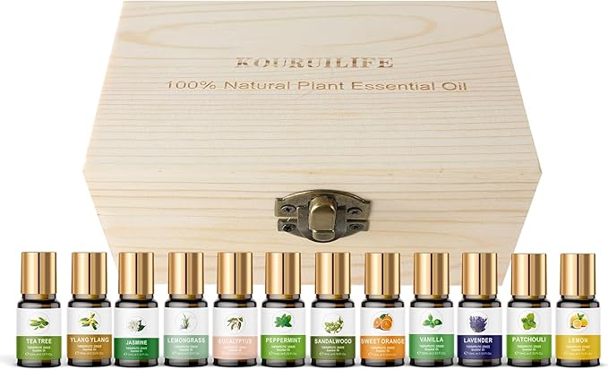 Essential Oils Set for Diffuser, 100% Natural Aromatherapy Essential Oils,12 Single Oils: Lavender, Peppermint & More, Wood Box Gift Set, 10 mL (1/3 oz), for Home Diffusers, Candle