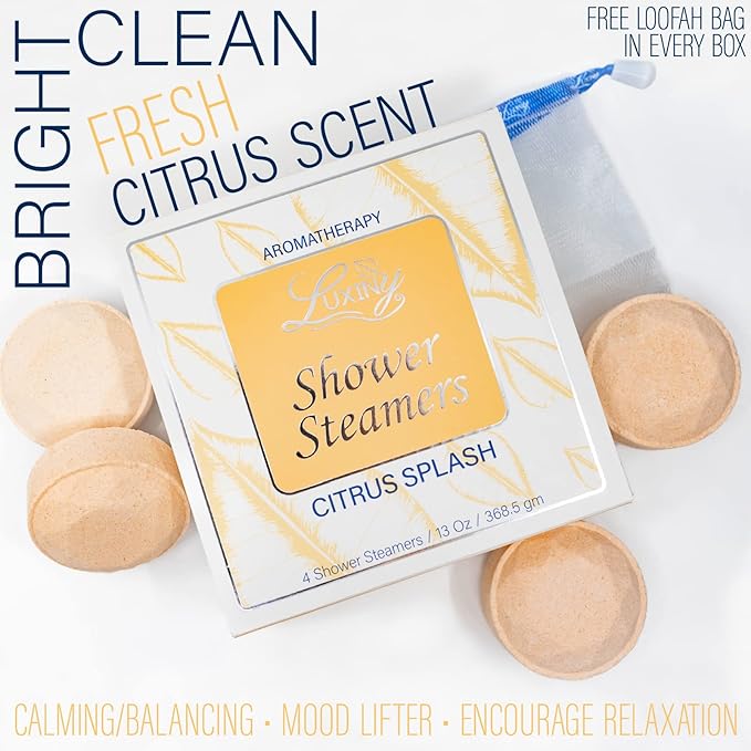 Shower Bombs Aromatherapy in Your Shower, American Made by Luxiny, Shower Steamer Tablets Melt to Release a Fragrant Vapor for Natural Stress Relief – Pack of 4 XL Steamers (Citrus Splash)