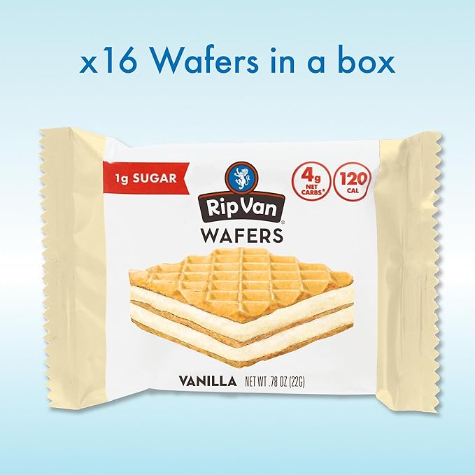 Rip Van Vanilla Keto Wafer Cookies, Healthy Vegan Snack, Non GMO, Low Carb, Low Sugar (1g), Low Calorie, 16 Count