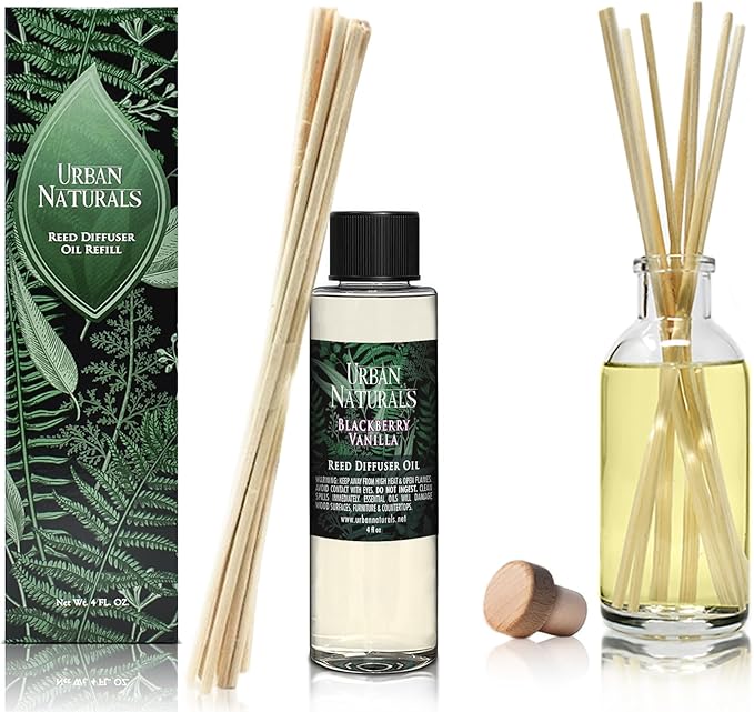 Urban Naturals Reed Diffuser Oil Refill, BlackBerry Vanilla Diffuser Oil with Blackberries, Vanilla, Patchouli, 4 oz + Free Reed Sticks, Made in The USA