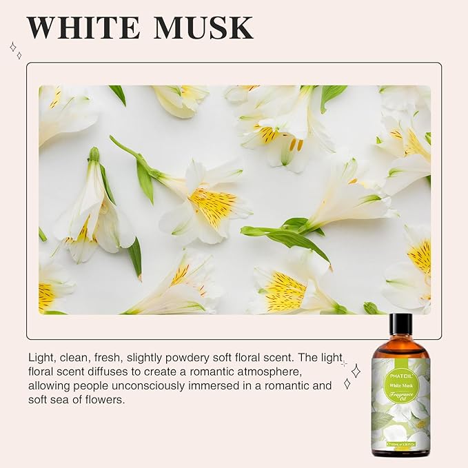 100ML/3.38fl.oz White Musk Fragrance Oils, PHATOIL White Musk Oil for Diffuser, Humidifier, Scented Oils for DIY Soap, Candle Making with Premium Glass Dropper