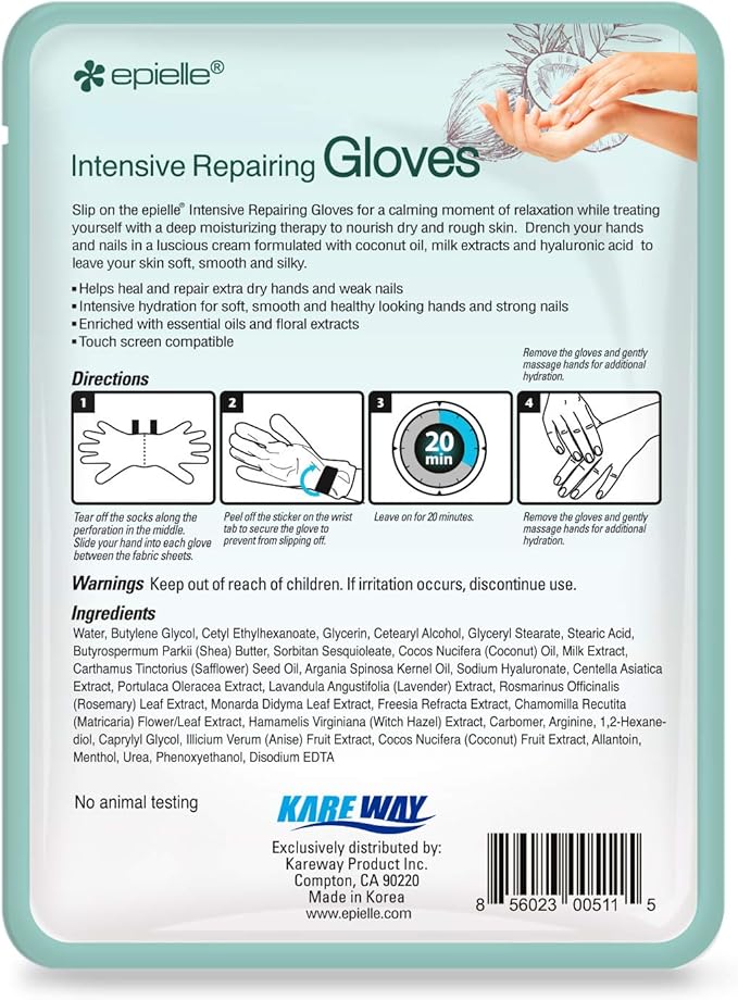 Epielle Intensive Repairing Hand & Foot Masks (6 Gloves & 6 Socks), Repair and Moisturize Dry Hands & Cracked Heels with Coconut Oil & Milk Extract, Korean Skin Care, Spa Self Care Gifts for Women