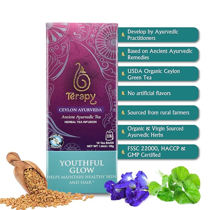 Tรฉrapy Ceylon Youthful Glow Herbal Tea Bags | Helps Maintain Healthy Skin and Hair | 100% Natural Blue Butterfly Peas, Licorice Root, Green Tea & More | Individually Wrapped Organic Tea Bags |18 Count