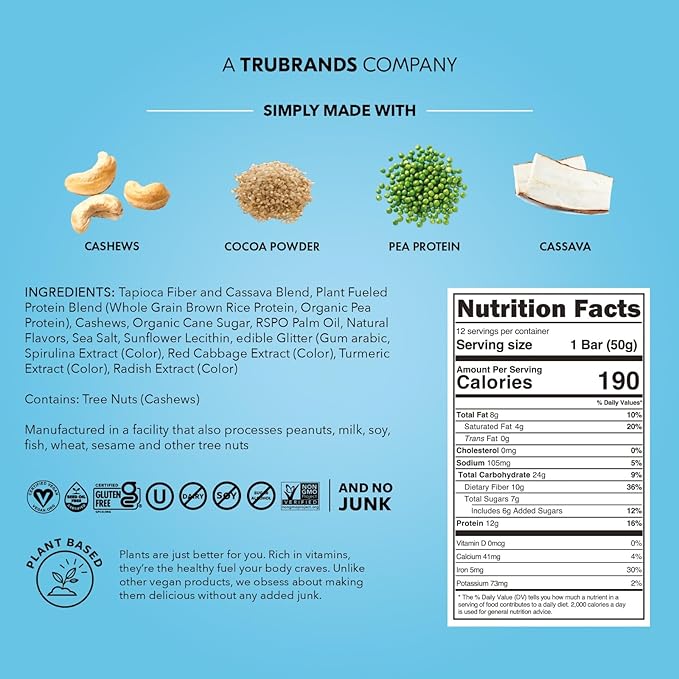TRUBAR Vegan Protein Bar, Shake it Bake it Birthday Cake it, Gluten Free, Plant Based Protein, Dairy Free, Non GMO, Soy Free, No Sugar Alcohols, 12G Protein, 12G Fiber, 23G Carb, On the Go Snack Bars, 12 ct