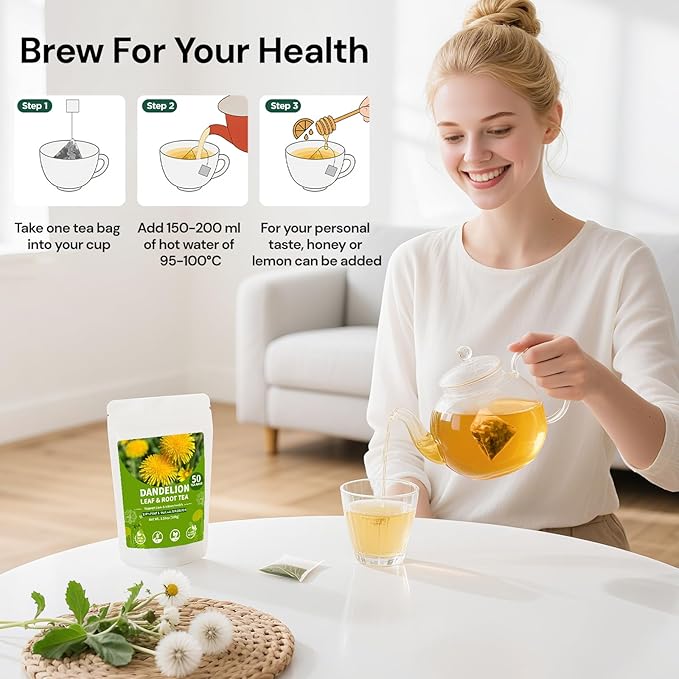 Dandelion Leaf and Root Tea bags, Natural Chinese Detox Herbal Tea Support Liver & Kidney Health and Aid Digestion Caffeine Free (1 Pack/50 Bags)