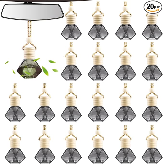 20 Pack Black Hanging Car Air Freshener Bottle Empty Car Essential Oil Diffuser Bottles Pendant Black Glass Perfume Bottles Aromatherapy Fragrance Bottle Auto Ornaments Decor (diamond)