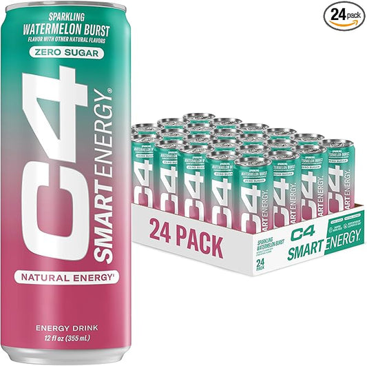 C4 Smart Energy Drink - Sugar Free Performance Fuel & Nootropic Brain Booster, Coffee Substitute or Alternative | Watermelon Burst 12 Oz - 24 Pack