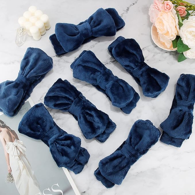 Ondder Spa Headband for Washing Face 8 Pack Navy Blue Skincare Headbands for Women Girls Terry Cloth Cute Bow Head Bands