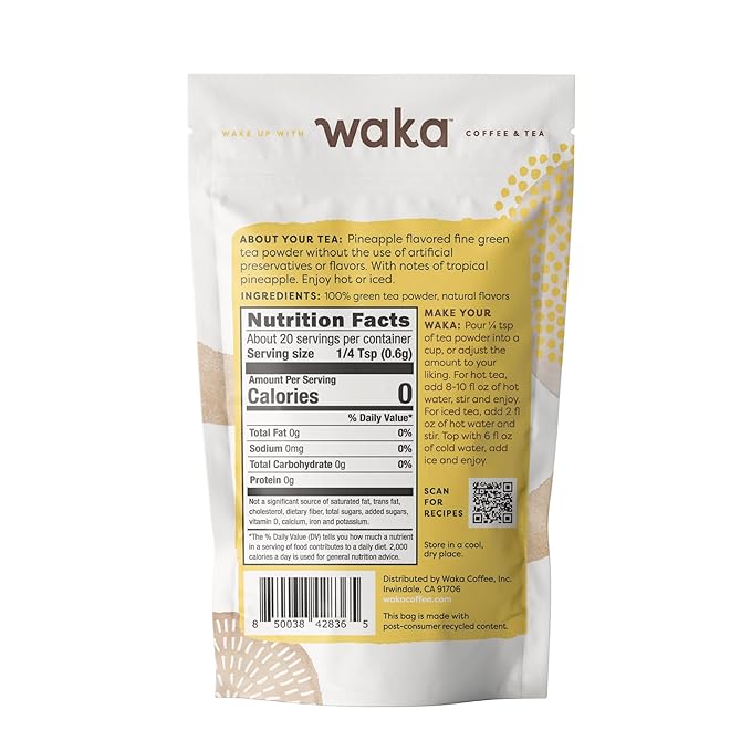 Waka Instant Green Tea Mix, Pineapple Flavored - 100% Tea Leaves, No Additives, Unsweetened Sample/Travel Size Tea Powder - Easy Quick Hot and Iced Teas, Up to 20 Cups or 5 Quarts (.45oz)