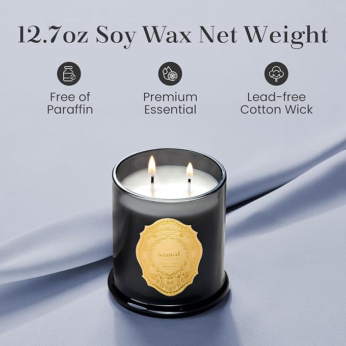 M&SENSE Santal Candles for Home Scented, 2 Wick 12.7oz Soy Wax Candles Non Toxic,70 Hours Long Burning,Luxury Candles Gift for Stress Relief, Meditation, Yoga