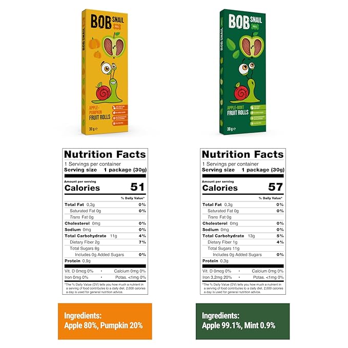 BOB SNAIL Healthy Organic Fruit Snacks for Kids and Adults – 60 Organic Fruit Roll Up Strips with Cherry, Mint, Pumpkin, Plum –Vegan Low-Carb Variety Pack Leather Strips for Kids–Sugar Free Jerky Bars