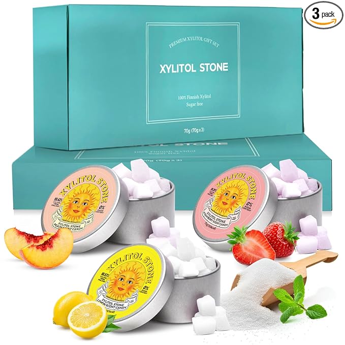 Xylitol Stone Sugar Free Candy - Vegan & Keto Friendly Unique Hard Candy - 100% Natural Flavor Candies - Gluten Free & Non-GMO Breath Freshener Low Calorie Mints - Pack of 3 (Peach, Strawberry, Lemon)