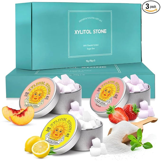 Xylitol Stone Sugar Free Candy - Vegan & Keto Friendly Unique Hard Candy - 100% Natural Flavor Candies - Gluten Free & Non-GMO Breath Freshener Low Calorie Mints - Pack of 3 (Peach, Strawberry, Lemon)