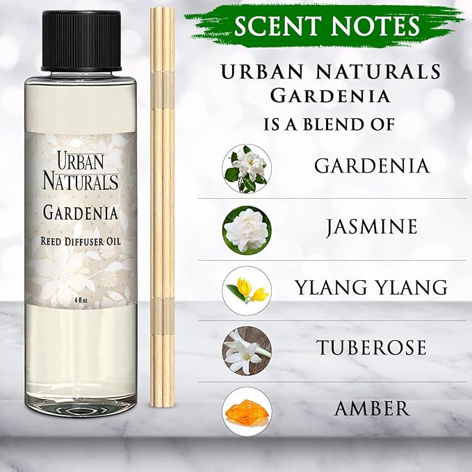 Urban Naturals Gardenia Scented Oil Reed Diffuser Refill | Includes a Free Set of Reed Sticks! Jasmine, Ylang Ylang, Tuberose & Amber Notes, 4 oz (2 Pack)