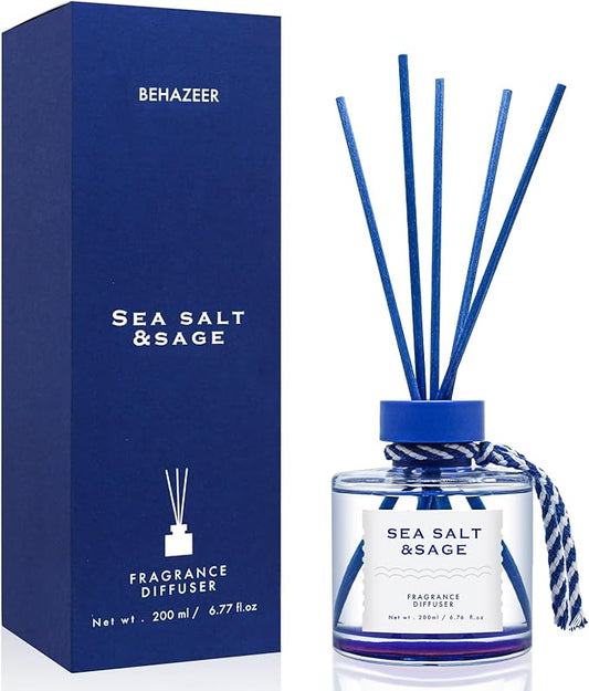 Sea Salt Reed Diffuser, 6.77OZ/200ML Large Capacity Natural Non-Toxic Oil, Long-Lasting Fragrance Reed Diffusers Set for Home and Bathroom, Aroma with 5 Reed Diffuser Sticks Gifts
