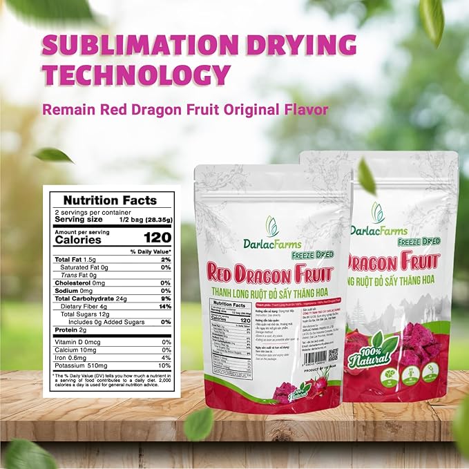 DARLAC FARMS Freeze Dried Red Dragon Fruit Cubes, 2 Oz x Pack 6, No Sugar Added, Healthy Fruit Snacks for Kids, Adults & All Ages, Premium Organic Crispy Crunchy Snacks, Tea, Baking, Smoothie, Yogurt