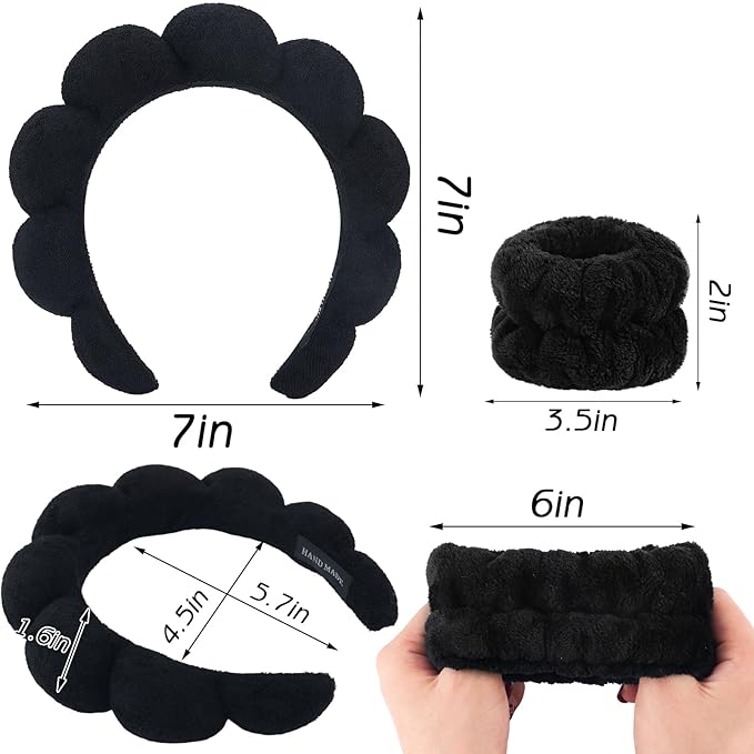 Zkptops Spa Headbands for Washing Face or Facial Sponge Makeup Skin Care Headband Wristband Set Towel Bubble Soft Sponge Hairband for Women Girls Puffy Winter Non Slip Thick Thin Hair Accessory(Black)