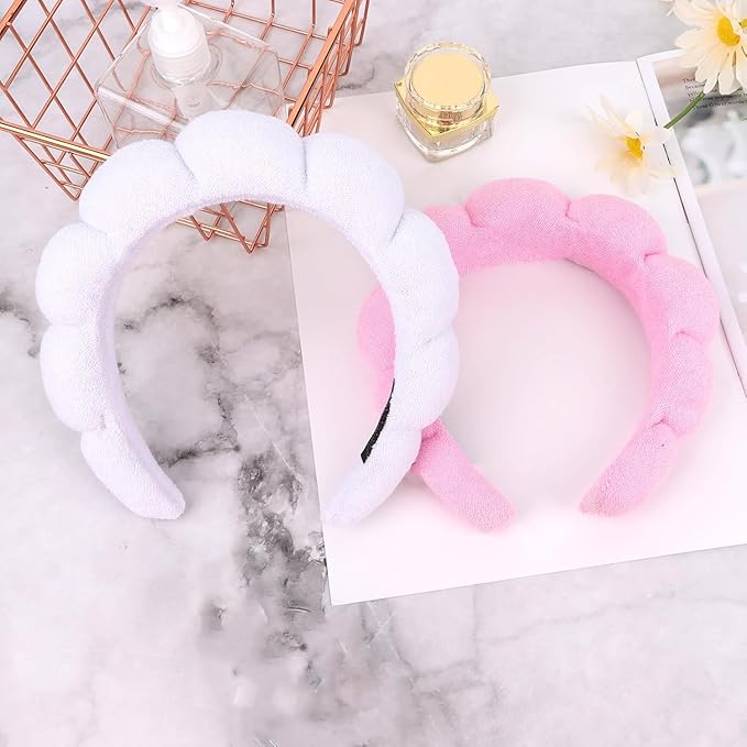 AMCAMI Puffy Spa Headband for Women 2 PCS Sponge Headbands for Girls Terry Towel Cloth Fabric Head Band for Skincare,Makeup Removal,Face Washing,Facial Mask,Shower,Hair Accessories(White&Light Pink)