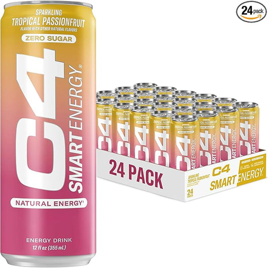 C4 Smart Energy Drink - Sugar Free Performance Fuel & Nootropic Brain Booster, Coffee Substitute or Alternative | Tropical Passionfruit 12 Oz - 24 Pack