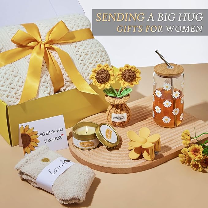 Birthday Gifts for Women, Self Care Get Well Gifts Baskets for Women, Sending Sunshine Sunflower Care Package, Thinking of You Thank You Farewell Inspirational Gift for Her, Friend, Mom, Sister, Wife