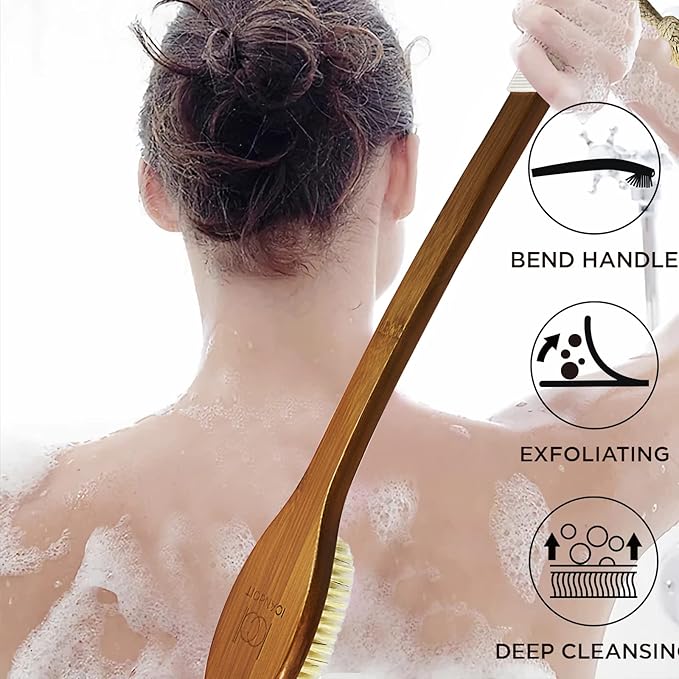 ICANdOIT-17.71Inch Natural Boar Bristles Anti-Slip Curved Long Handle Bath Brush,Bent Handle Shower Scrubber for Exfoliating,Shower Back Brush