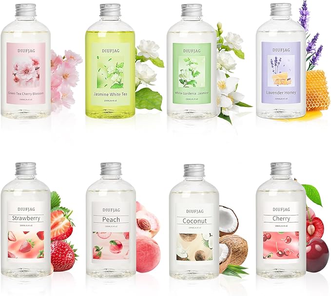 Green Tea Cherry Blossom Diffuser with 20 Black Fiber Sticks, 6.7 oz Diffusers for Home Essentials Bathroom,Last up to 60 Days(200ml