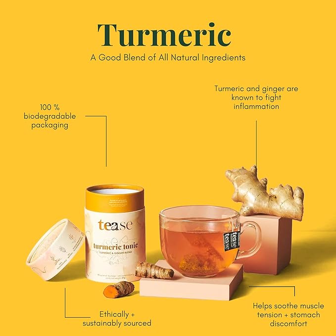 Tease Tea Turmeric Ginger Tea - Turmeric Tonic Herbal Tea, Anti-Inflammatory, Caffeine Free Drink Made with Ginger, Turmeric Root, and Calendula for Digestion Support and Tension Soothing