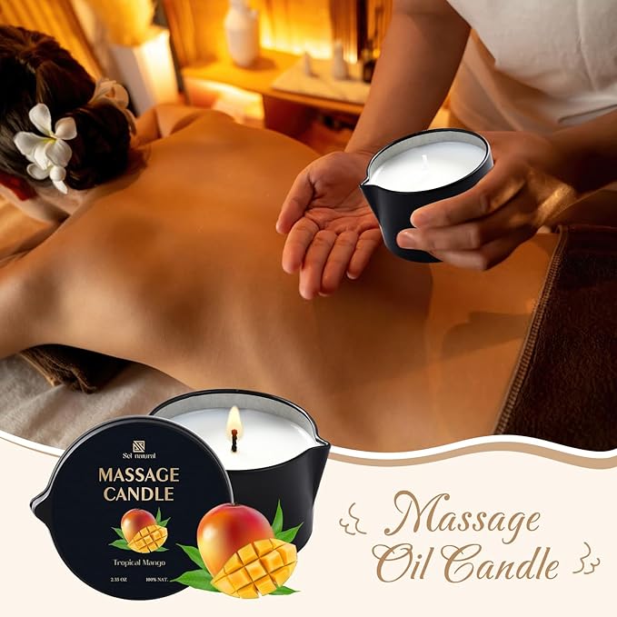 3 Pack Soy Massage Oil Candles 2.35oz Low Temp Massage Candles 3 Scent Spa Therapy Body Oil Home Gift for Relaxation, Couples, or Self-Care (Sweet Peach, Passion Raspberry, Tropical Mango)