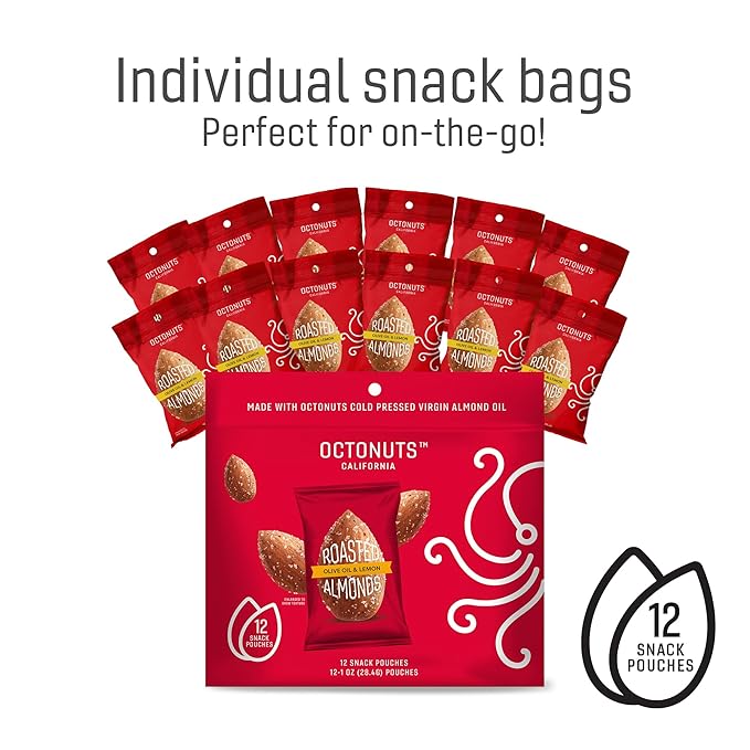 Octonuts Olive Oil & Lemon Almonds – 12 Individually Wrapped Snack Packs (1oz Each), Healthy Snacks for Adults and Kids, Non-GMO, Keto and Gluten-Free, Roasted in Cold Pressed Olive Oil