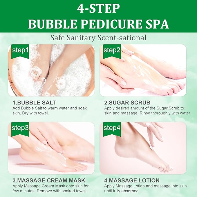 Pedicure Kit Foot Soak Set: Bubble Salt, Sugar Scrub, Massage Mask, Massage Lotion in a Box, 4 Step Foot Spa Kit for Dry Feet,Tired Feet(3 Set Green tea)