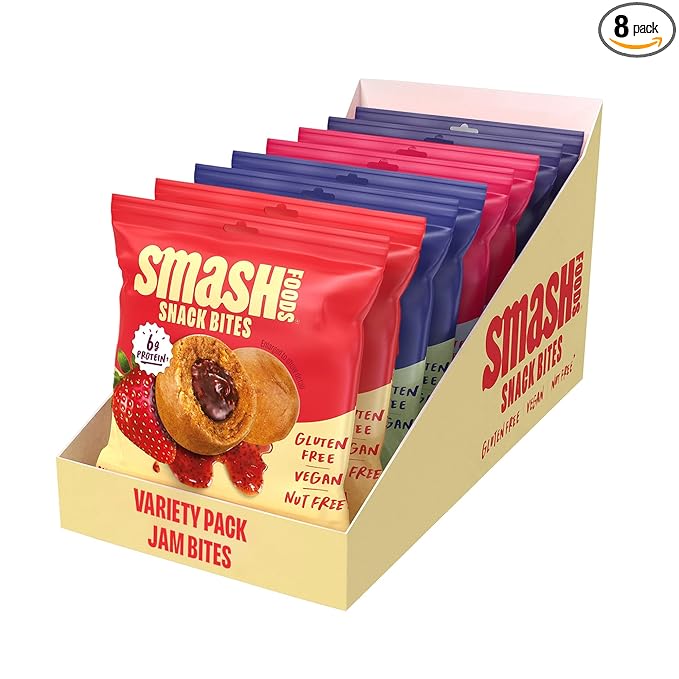Smash Foods Energy Bites | Variety Pack | 5 Gluten-Free Vegan Snack Balls with No Sugar Added | Protein, Superfood Jam, Chia Seeds | On-the-Go Convenience | 8 Packs