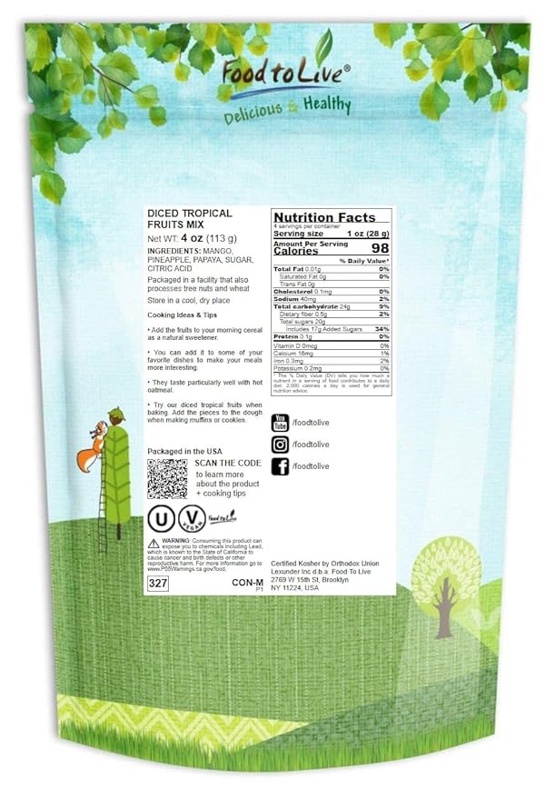 Food to Live Diced Fruits Mix, 4 Ounces - Contains Dreid and Diced Mango, Pineapple, Papaya. Sweetened, Unsulfured, Candied Vegan Snack, Kosher, Bulk, Great for Culinary Use and Baking