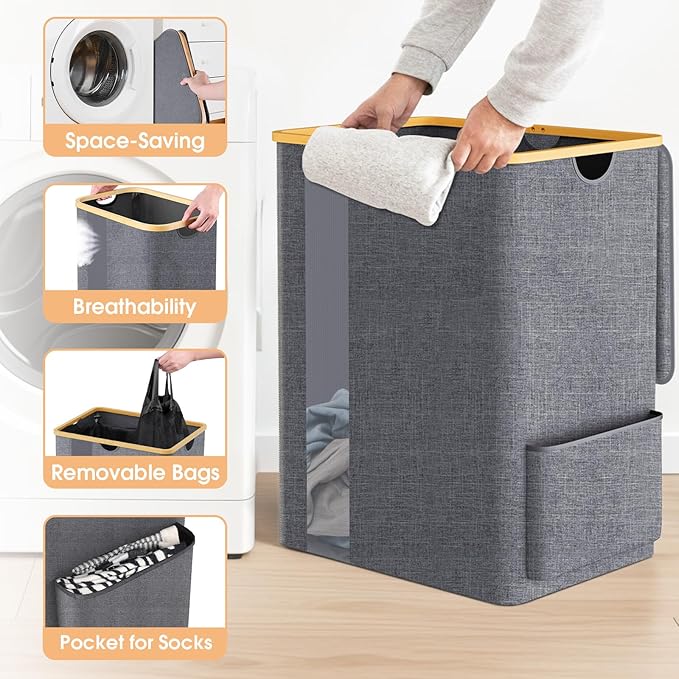 Laundry Basket Clothes Hamper with Lid and Pocket Large Collapsible Laundry Baskets with Handle, Freestanding Hampers for Bedroom Aesthetic, Dorm, Bathroom, Laundry Room (150L,Light Grey)
