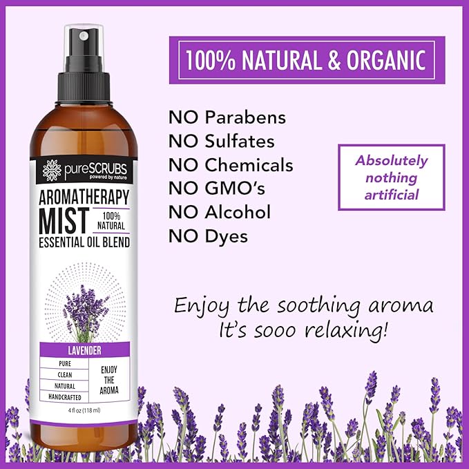 Shake, Mist & Enjoy - pureSCRUBS Premium Lavender Aromatherapy Spray Mist for Room, Body, Linens, Pillows 100% Natural Essential Oils Plant Based Formula, One 4oz Bottle