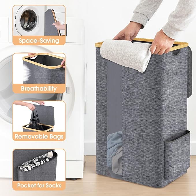 Laundry Basket Clothes Hamper with Lid and Pocket Large Collapsible Laundry Baskets with Handle, Freestanding Hampers for Bedroom Aesthetic, Dorm, Bathroom, Laundry Room (100L,Light Grey)