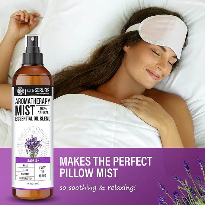 Shake, Mist & Enjoy - pureSCRUBS Premium Lavender Aromatherapy Spray Mist for Room, Body, Linens, Pillows 100% Natural Essential Oils Plant Based Formula, One 4oz Bottle