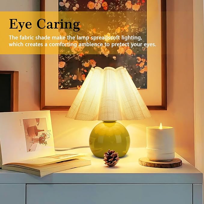 Green Small Bedside Mini Table Lamp for Bedroom, Cute Bedroom Lamps for Nightstand, Cute Mini Table Lamps for Small Spaces with Scalloped Shade for Kitchen Counter, Bookshelf, Kids Dorm