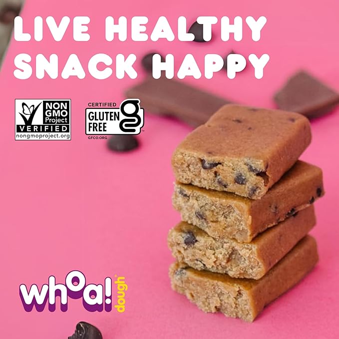 Whoa Dough Edible Cookie Dough Bars- Certified Non-GMO, Kosher and Gluten Free Bars - Healthy Snack Foods - Plant Based Snacks Made With Real Ingredients - Chocolate Chip Cookie Dough - 10 Pack
