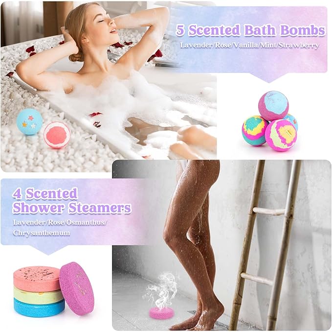 Bath Bombs for Women, Relaxing Spa Gift Basket Set, Unique Self Care Gift for Women, Bath Bombs+Scented Candles+Shower Steamer Bubble Bath Gifts for Mom Sister Friend Wife Teacher Nurse
